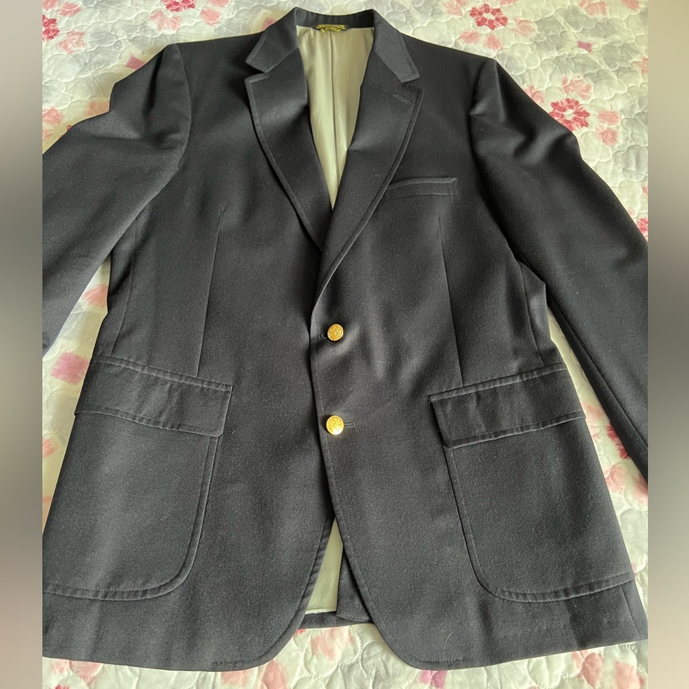 VTG 70s Lands End Navy Blazer Gold 100% Wool Gold Buttons 43L Union Made USA